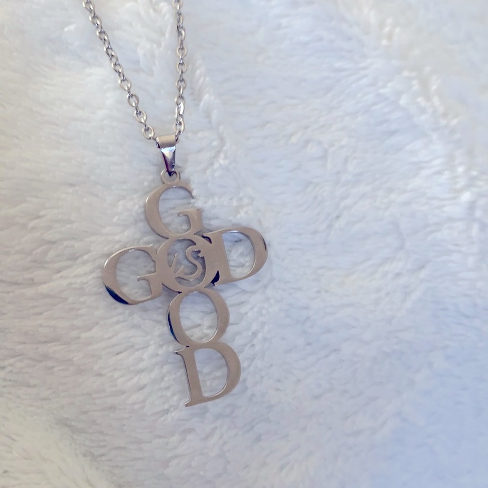 “God is Good” silver tone necklace.  Simple, but powerful!